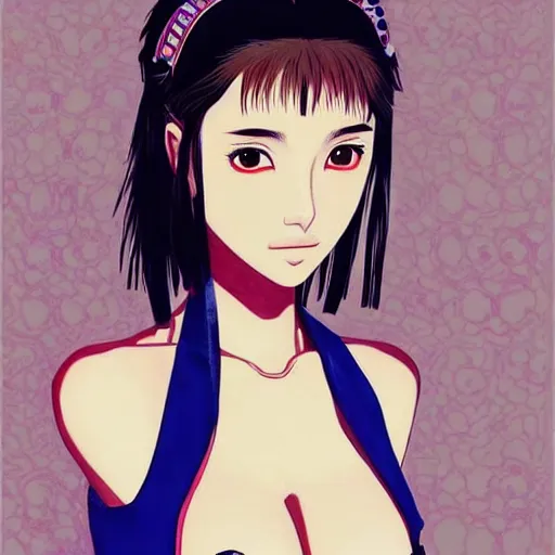 Image similar to a beautiful young japanese natalie portman alluring gravure model, anime art, wearing elegant designer overalls, elegant overalls with mesoamerican patterns, mesoamerican native street fashion, princess mononoke, painted by jamie hewlett and ashley wood, aesthetic, gorgeous, stunning, alluring, attractive, artstation, pinterest, digital art