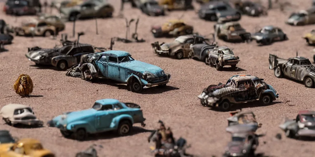 Image similar to needle felt of immortan joe and cars from fury road ( 2 0 1 5 ), tilt shift, action shot, detailed textures, action, dramatic light, god rays