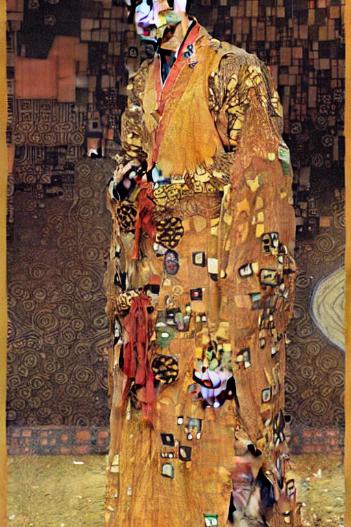 Image similar to a man wearing hanfu, muscular, detailed face, correct face, cyberpunk chinese ancient castle, fantasy, painting by Gustav Klimt, greg rutkowski and alphonse mucha