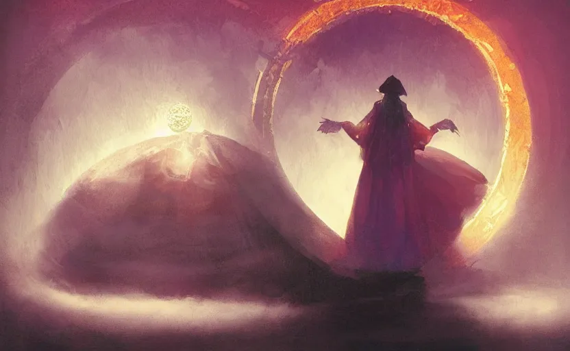 Prompt: a beautiful artwork illustration, a dark room lit by a candle, gypsy fortune teller looking over a circle sphere, volumetric fog, godrays, high contrast, high contrast, high contrast, vibrant colors, vivid colors, high saturation, by Greg Rutkowski and Jesper Ejsing and Raymond Swanland, featured on artstation, wide angle, vertical orientation