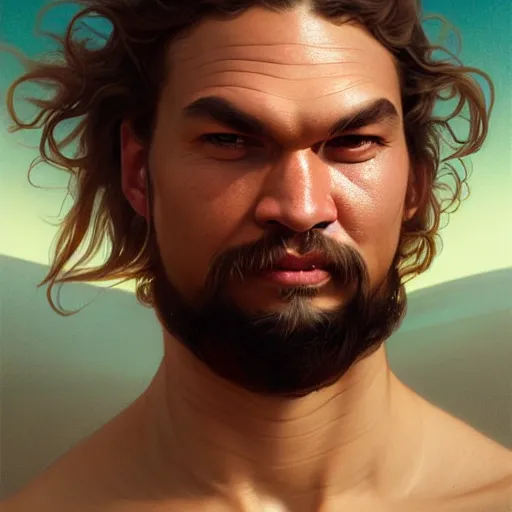 Image similar to a portrait of duncan idhao from dune cinematic lighting, photorealistic, octane render, 8 k, depth of field, 3 d, art by artgerm and greg rutkowski and alphonse mucha and uang guangjian and gil elvgren and sachin ten, duncan looks like jason momoa