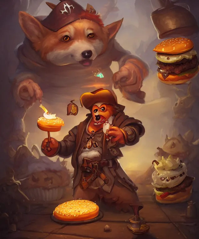 Image similar to a portrait of an anthropomorphic corgi pirate eating hamburgers and fries, restaurant in background, cute and adorable, dnd character art portrait, well rendered matte fantasy painting, deviantart artstation, by jason felix by steve argyle by tyler jacobson by peter mohrbacher, cinematic lighting