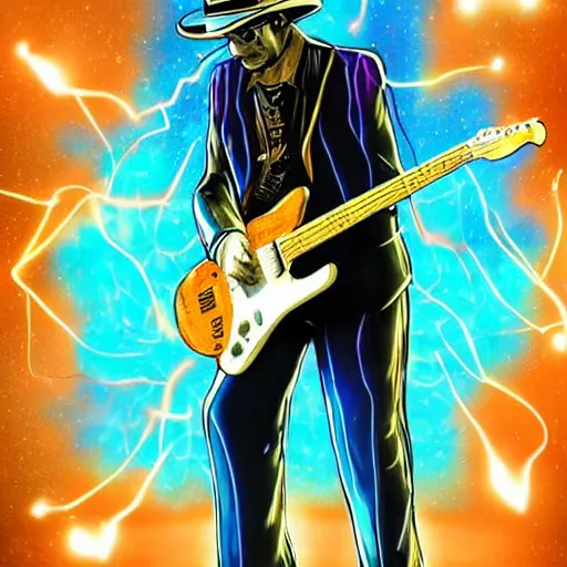 Image similar to a Stevie Ray Vaughn guitarist playing so intensely there is electricity shooting out from his guitar, energy beams under his finger tips, and magic sparkles from the freboard, amazing ditial art, trending on artstation, featured on deviantart