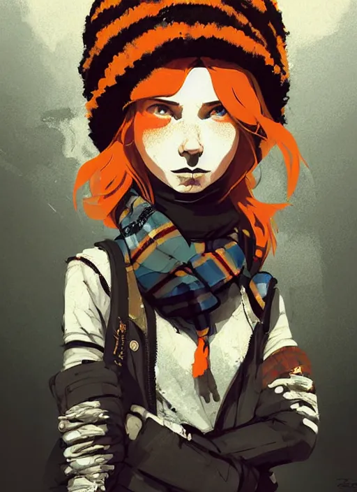 Prompt: highly detailed portrait of a sewer punk lady student, freckles, beanie, tartan scarf, ginger hair by atey ghailan, by greg rutkowski, by greg tocchini, by james gilleard, by joe fenton, by kaethe butcher, gradient, orange, black, brown and cream color scheme, grunge aesthetic!!! white graffiti tag wall background