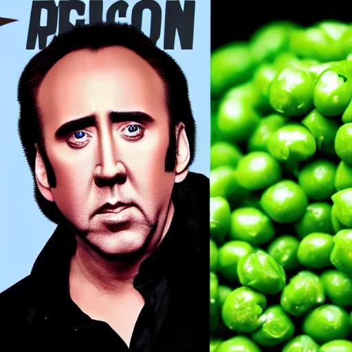 Image similar to nicolas cage trapped in a wicker cage being covered in peas