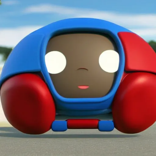 Image similar to red bean shaped character with a light blue visor no arms and stubby legs wearing a round red backpack in a simplistic style