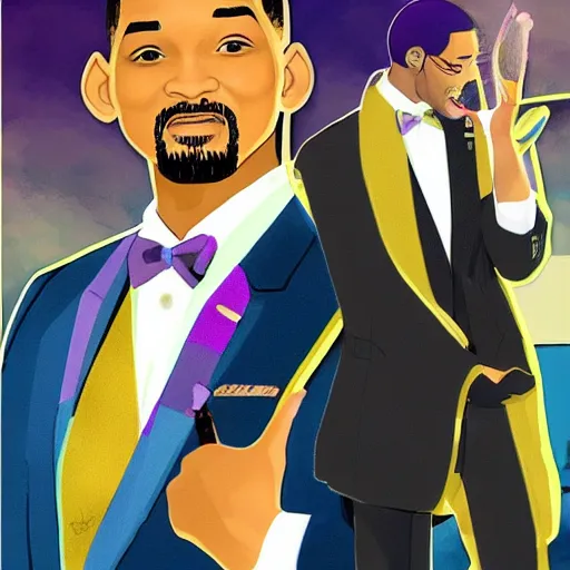 Image similar to will smith wearing luxury suits as a gacha game rare character, cartoon, anime, trend in pixiv, cool color pattern