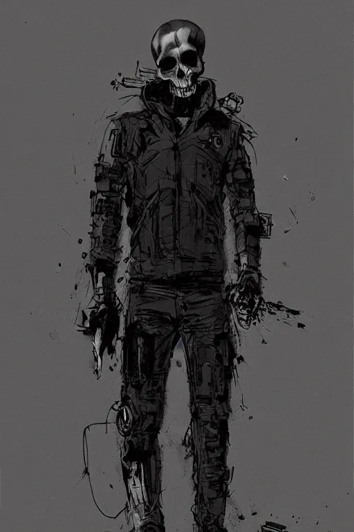 Prompt: skull, creative design, cyberpunk, techwear, full body portrait, character design, by Ashley Wood and Jamie Hewlett