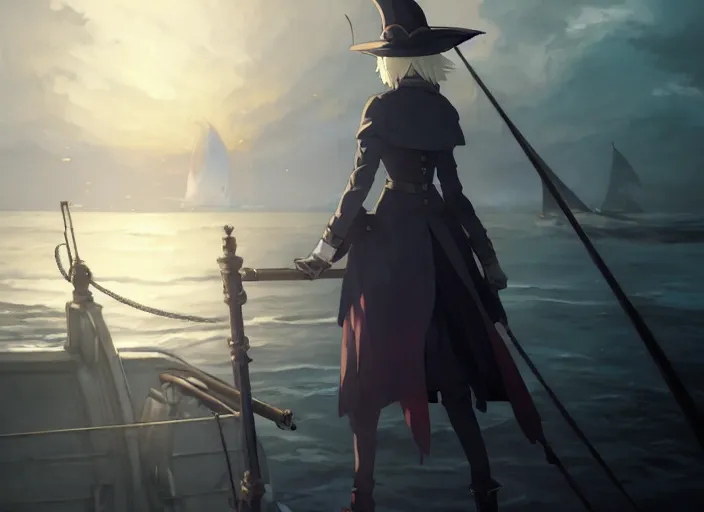 Image similar to lady maria, helm of second world war warship in background, illustration concept art anime key visual trending pixiv fanbox by wlop and greg rutkowski and makoto shinkai and studio ghibli and kyoto animation, astral witch clothes, steampunk, grimdark, volumetric lighting