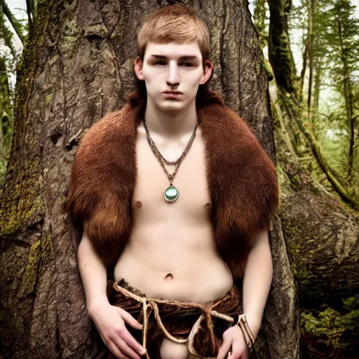 Image similar to a teenage boy, around 1 9 yo. necklace. natural brown hair. loincloth, pale skin. detailed face. ominous and eerie looking forest in background. natural colors. hyperrealistic photo.