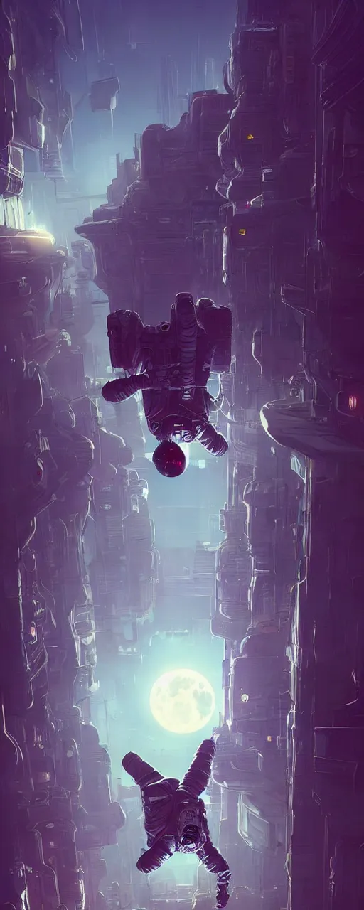 Prompt: A picture of an astronaut floating upside down in a cyberpunk surreal city with a full moon by Jordan Grimmer, Jean Giraud and Neil Blevins trending on artstation