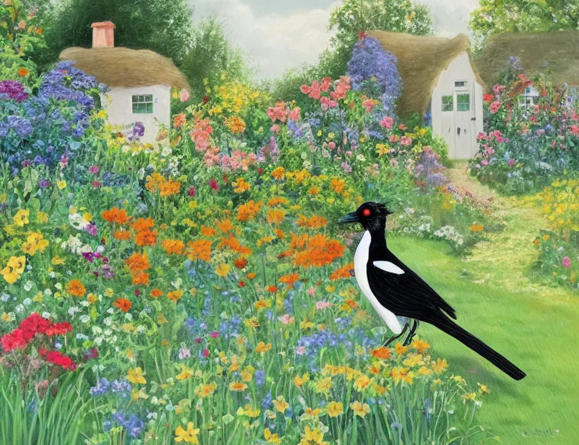 Image similar to magpie in a cottage garden. this oil painting by the beloved children's book illustrator has a beautiful composition, interesting color scheme, flat colours.