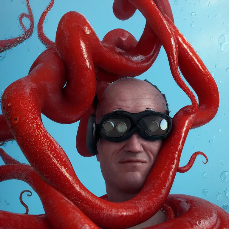 Image similar to octane render portrait by wayne barlow and carlo crivelli and glenn fabry, subject is a man in a wet suit with goggles with giant open mouth full of long red octopus tentacles, cinema 4 d, ray traced lighting, very short depth of field, bokeh