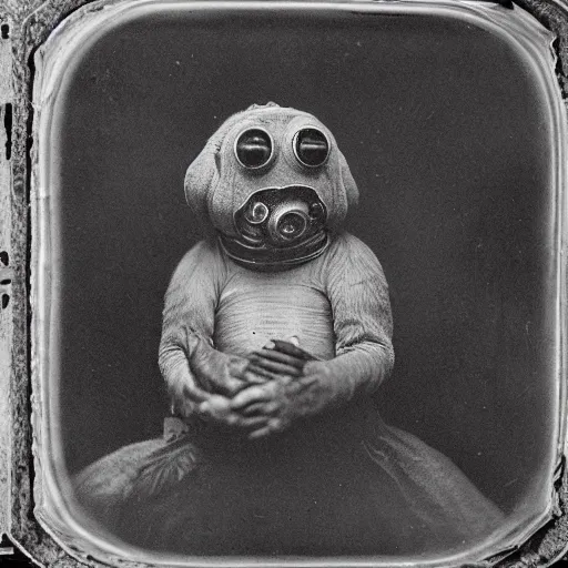 Image similar to tardigrade!!! humanoid. daguerreotype portrait photograph. inspired by gerard grom and ansel adams. beautiful. cute. happy. highly detailed. old timey.