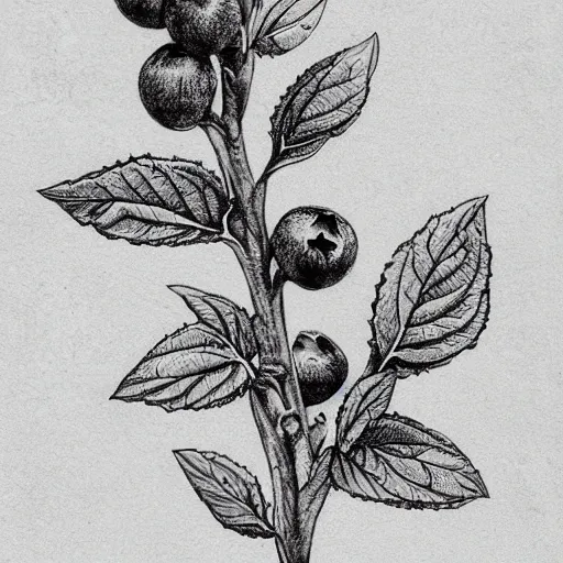 Image similar to botanical drawing of blueberry bush. Traditional art. Rustic. Nordic. Trending on artstation. Detailed. Shrub. Nature. Artistic.