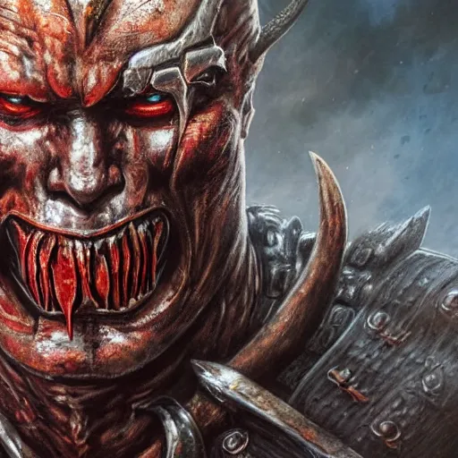 Image similar to closeup portrait shot of dolph lundgren as khorne, the blood god, lord of skulls, kharneth, battle, rage, highly detailed, digital painting, artstation, concept art, soft focus, depth of field, artgerm, tomasz alen kopera, peter mohrbacher, donato giancola, wlop, boris vallejo