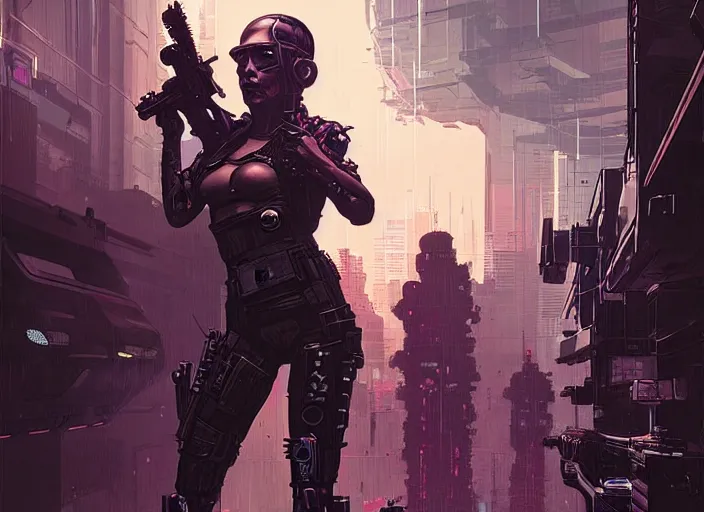 Prompt: cyberpunk cartel assassin evading menacing police troopers by josan gonzalez splash art graphic design color splash high contrasting art, fantasy, highly detailed, art by greg rutkowski. dystopian