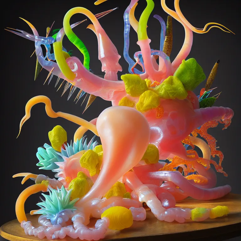 Image similar to still life of beautiful pastel tropical alien flowers, tropical fruit, human spine, plastic transparent translucent squid, colorful mold, muscle tissue, spikes, baroque painting, beautiful detailed intricate insanely detailed octane render, 8K artistic photography, photorealistic, chiaroscuro, Raphael, Caravaggio