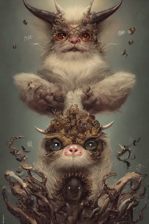 Image similar to a portrait of a cute japanese devil animal illustrated by miyazaki by karol bak, james jean, tom bagshaw, rococo, sharp focus, trending on artstation, cinematic lighting, hyper realism, octane render, 8 k, hyper detailed, vivid, ultra detailed, highly detailed