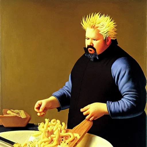 Prompt: a portrait of guy fieri making a greasy macaroni and cheese sandwich, by vermeer, portrait, royal, oil on canvas