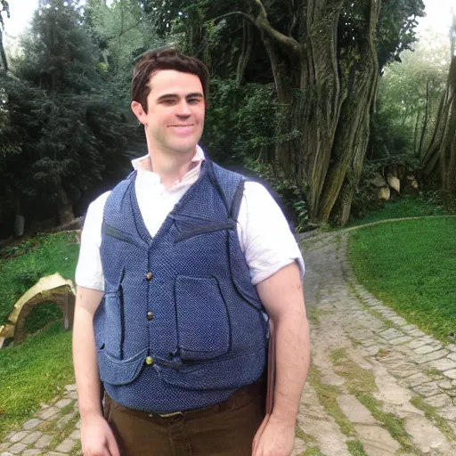 Prompt: clean-shaven (pudgy) british lad with short curly dark brown hair as a hobbit wearing a white men's crossbody sling chest bag and blue vest