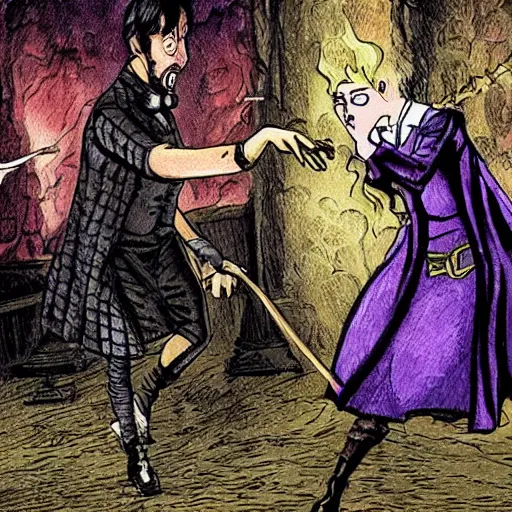 Image similar to professor lupin and breanne of tarth having a rap battle in hell, gothic, whimsical