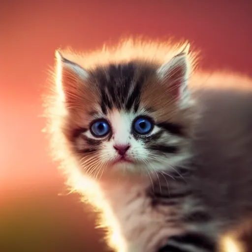 Prompt: an adorable smol fluffy kitten at golden hour, bokeh,