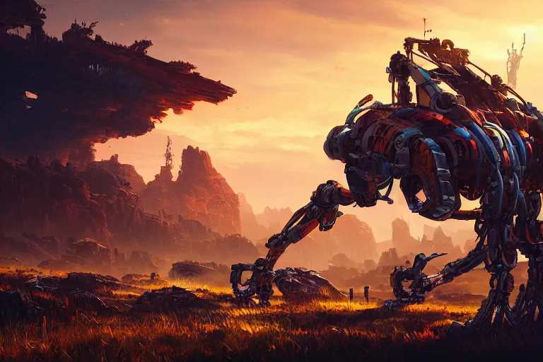 Prompt: thunderjaw machine mecanical creature robot of horizon forbidden west horizon zero dawn radiating a glowing aura global illumination ray tracing hdr fanart arstation by ian pesty and alena aenami artworks in 4 k