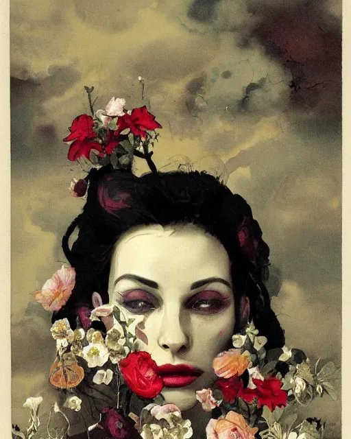 Prompt: a beautiful and eerie baroque painting of a beautiful but serious woman in dead space, with haunted eyes and dark hair piled on her head, 1 9 7 0 s, seventies, floral wallpaper, wilted flowers, a little blood, morning light showing injuries, delicate embellishments, painterly, offset printing technique, by brom, robert henri, walter popp
