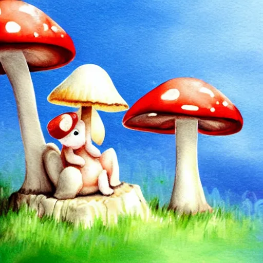 Image similar to a professional water painting of a cute creature sitting next to a mushroom, detailed