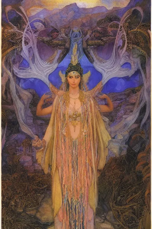 Prompt: goddess of the lost city with her regalia, by Annie Swynnerton and Nicholas Roerich and jean delville, dramatic cinematic lighting , ornate headdress , flowing robes, lost civilizations, extremely detailed