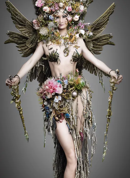 Image similar to full body environmental portrait photo of a goddess as angel, ornate headpiece made from flowers, ornaments, glamour shot by lindsay adler, stefan gesell, photorealistic, canon r 3, fashion photography, hyper maximalist, sharp focus, ornate, elegant, luxury and elite, symmetrical features, octane render, unreal engine, solid dark grey background, dramatic lights