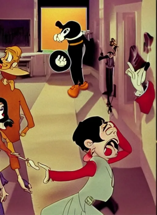 Image similar to a cinematic still from Scream (1996) as an animated Disney movie from 1993, highly detailed