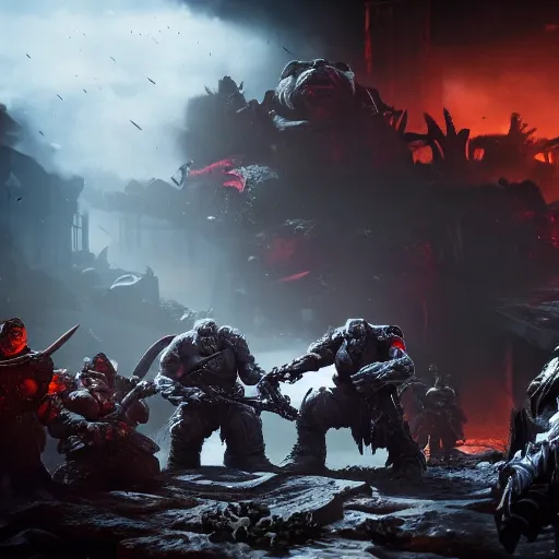Image similar to orcs from warhammer in gears of war battlefield 5, fantasy, splash art, movie still, cinematic lighting, dramatic, octane render, long lens, shallow depth of field, bokeh, anamorphic lens flare, 8 k, hyper detailed, 3 5 mm film grain