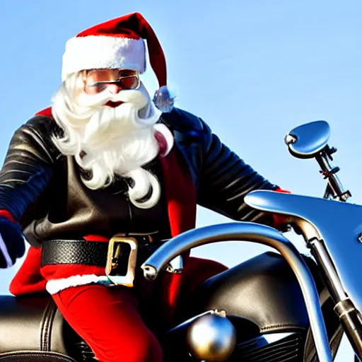 Prompt: santa in a leather jacket riding a motorcycle