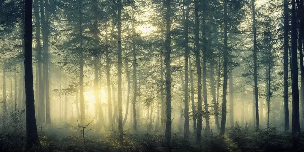 Prompt: swedish forest, photoreal, dawn, hazy, fog, golden hour, sunlight, beautiful!!!!!!!!!, cinematic, atmospheric