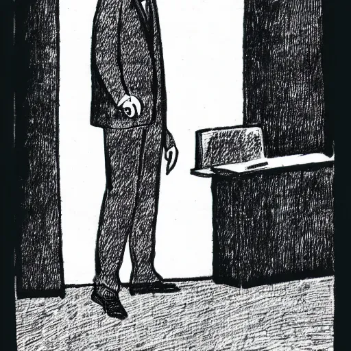 Prompt: A man wearing a suit and a gas mask standing in a white room, illustration, etching, in the style of Otto Dix, great quality