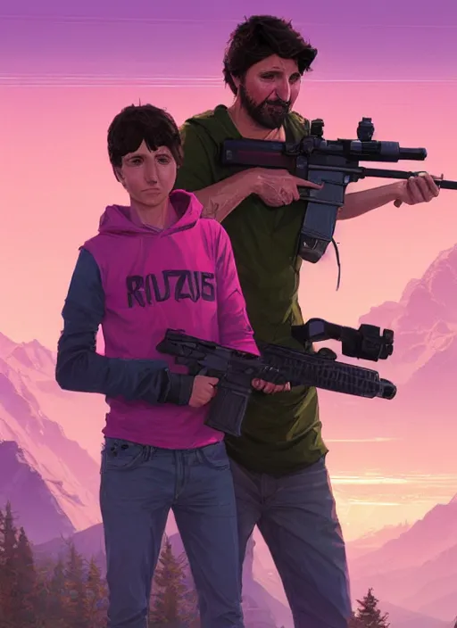 Image similar to highly detailed portrait justin trudeau in ( ( pink hoody rainbow socks ) ) holding ar - 1 5! in gta v stephen bliss unreal engine fantasy art by greg rutkowski loish rhads ferdinand knab makoto shinkai lois van baarle ilya kuvshinov rossdraws tom bagshaw global illumination radiant light detailed intricate environment