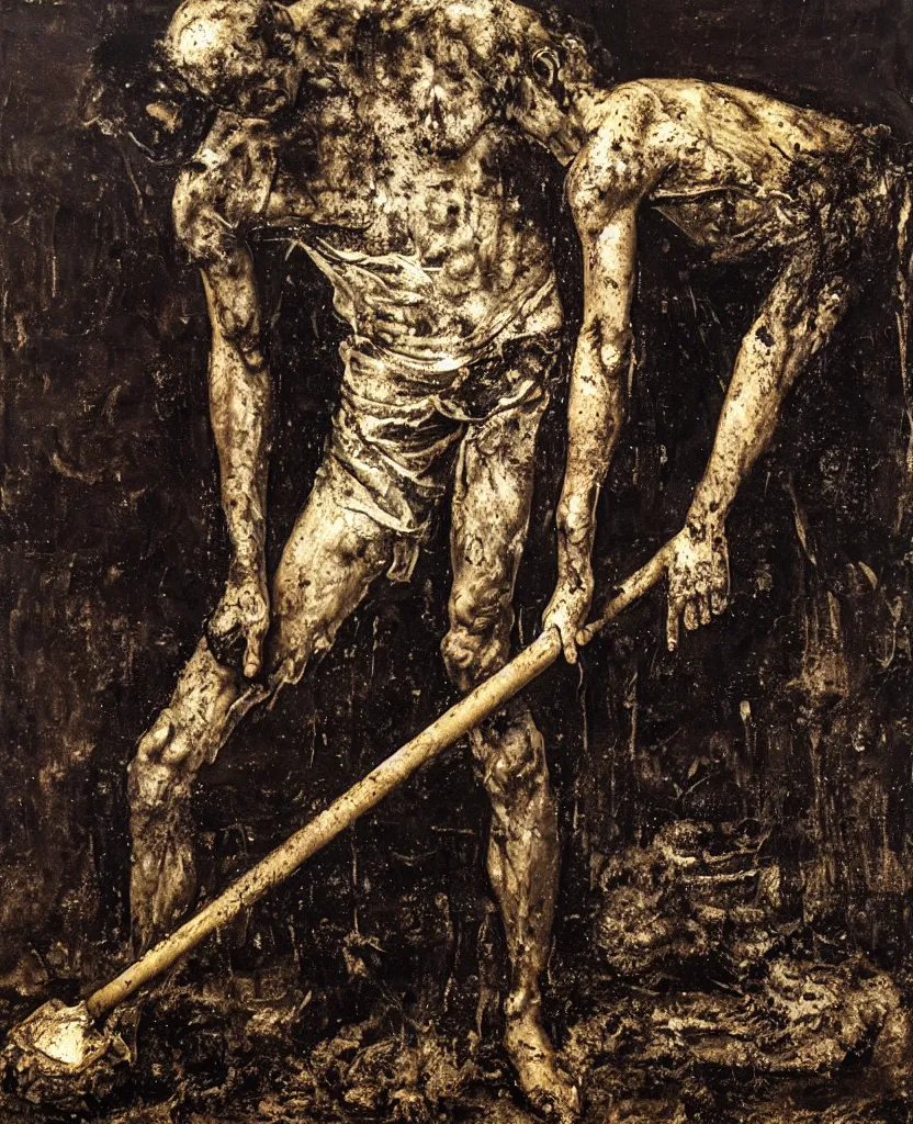 Image similar to a man with a shovel standing digging up a grave with a dead body, by Nicola Samori, painting, 8k, high detail