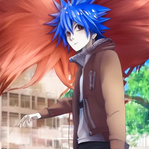 Prompt: orange - haired anime boy, 1 7 - year - old anime boy with wild spiky hair, wearing red jacket, standing under treehouse in city plaza, urban plaza, large tree, ultra - realistic, sharp details, subsurface scattering, godrays, intricate details, hd anime, 2 0 1 9 anime