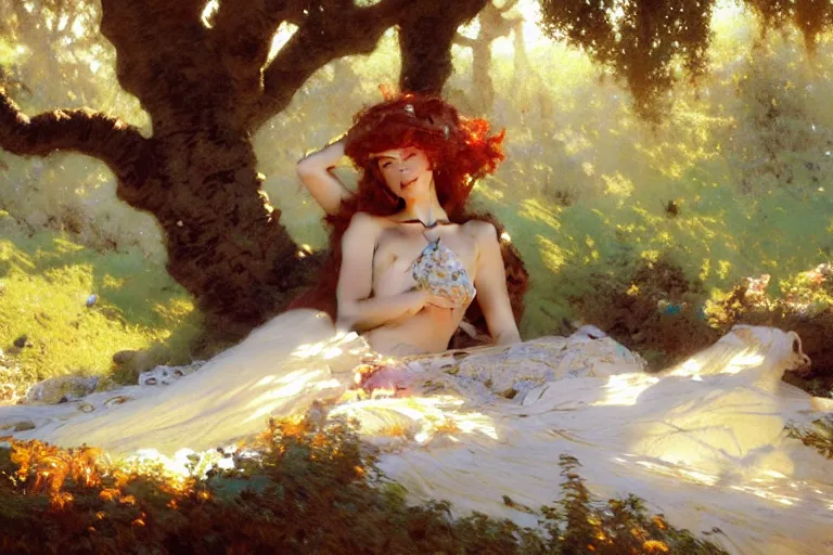 Image similar to a tired warrior relaxing under a huge tree with white flowers, fantasy, painting by gaston bussiere, craig mullins, j. c. leyendecker, trending on artstation