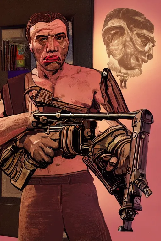 Image similar to saint homo neanderthalis, with book of science, on his right hand, and riffle, on his left hand, fix duplicate content!, violet polsangi pop art, gta chinatown wars art style, bioshock infinite art style, incrinate, realistic anatomy, hyperrealistic, two colors, white frame, content proportion