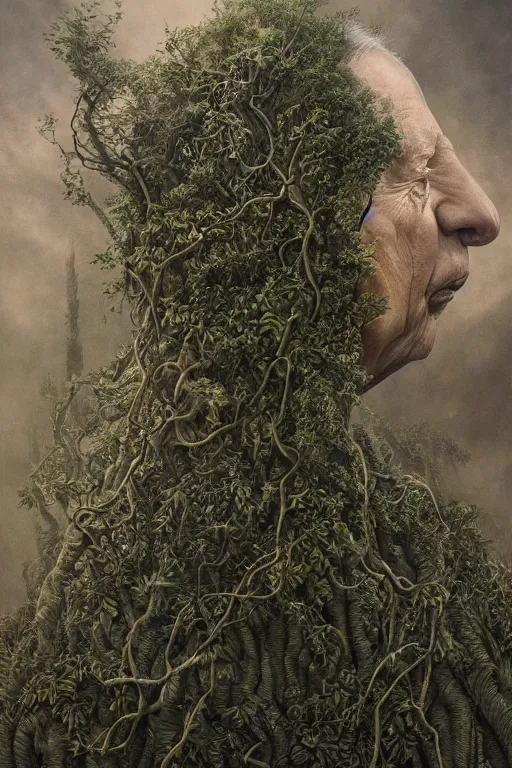 Image similar to intricate stunning highly detailed portrait of sir david attenborough, 🌱, by agostino arrivabene and vladimir kush, surreal, digital painting, ultra realistic, dramatic lighting, twisted vines, lush plants, pristine water, artstation