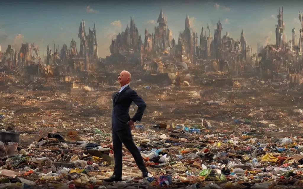 Image similar to a still from a disney animated film of jeff bezos dancing in a desolate wasteland, piles of trash scattered on the ground, city burning far in the background, 4 k