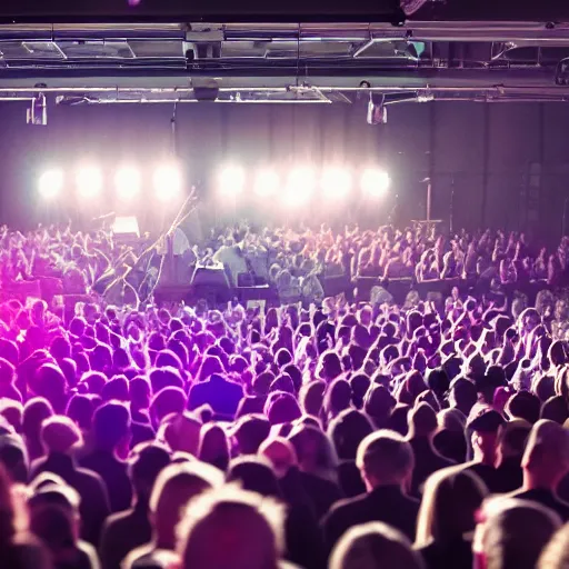 Prompt: A rough energetic photo of a sold-out concert of a PC positioned in the middle of a podium playing midi files-W 768