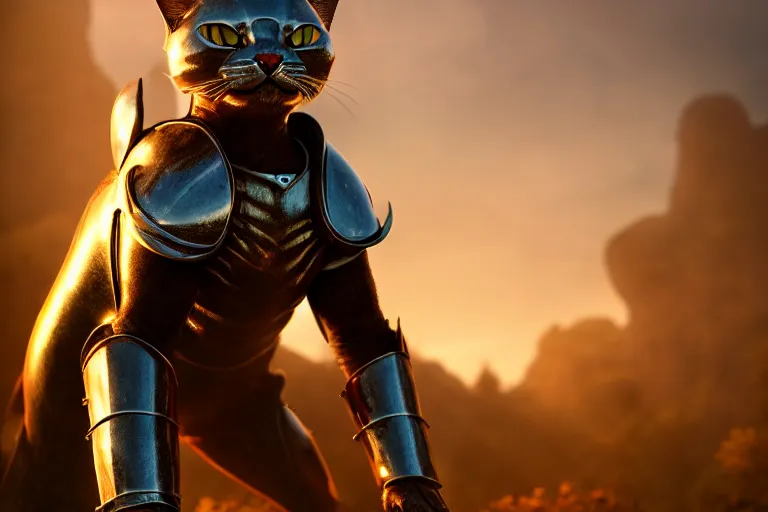 Image similar to cool looking anthrophomorphic cat in armor, sheathed weapon, fantasy, unreal engine, realistic, golden hour, professional photography, mild depth of field, cinematic lighting, 8 k