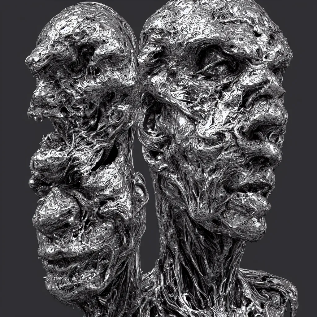 Image similar to 3 d render of a carved melted human head, sculpture, chrometype, liquid metal, neotribal, raytraced, volumetric lightning, 8 k, by zhelong xu, tooth wu, wlop, ouchh and and innate studio