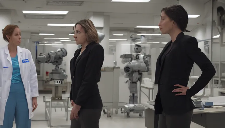 Image similar to big budget action movie about female scientist confronts male ceo about robot photographs