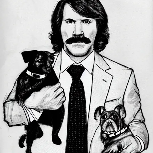 Prompt: sketch of ron burgundy holding his dog