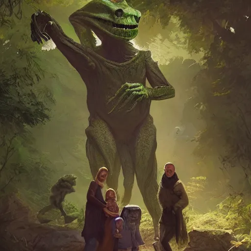 Image similar to A family portrait at the zoo of a sasquatch, a human lizard, a green alien and a skeleton, photorealistic style, artstation, Greg rutkowski, digital Art,